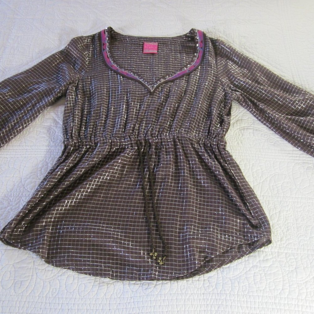 Free People Shirt M Brown Sequin/Embroidered